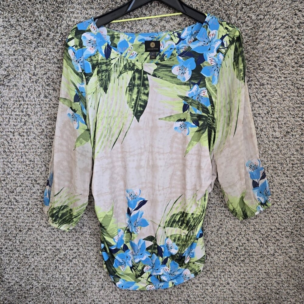 JM Collection Top Womens Large Blue Tunic Scoop Neck Floral Print Casual‎ Ladies